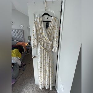 Miss Ord Sheer White & Gold Foil Leaf Dress